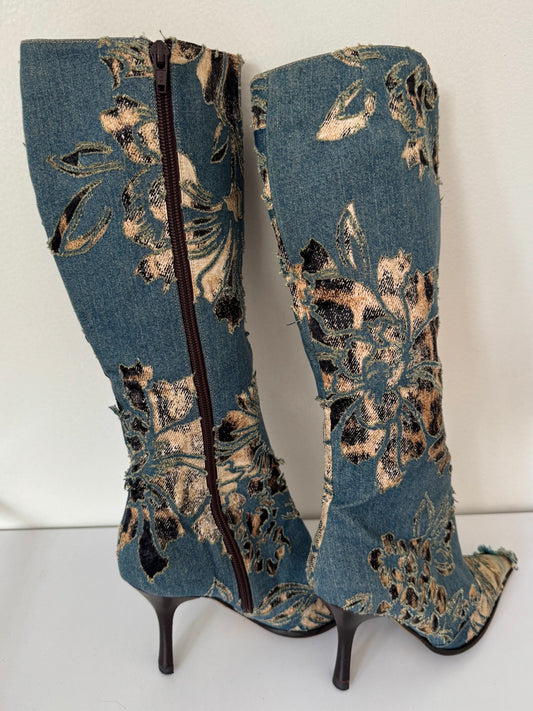 Roberto Cavalli S/S 2002 distressed denim leopard boots