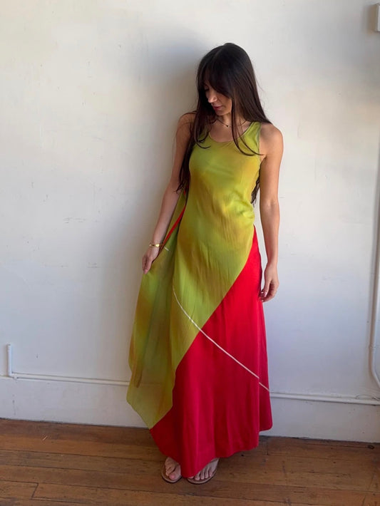 (reserved) *rare* calvin klein spring summer 1999 ‘fire and lime’ silk layered dress