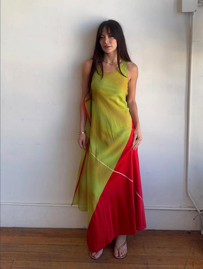 *rare* calvin klein spring summer 1999 ‘fire and lime’ silk layered dress