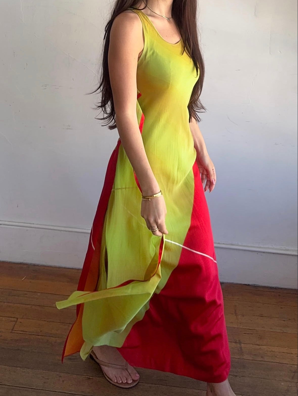 *rare* calvin klein spring summer 1999 ‘fire and lime’ silk layered dress