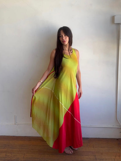 *rare* calvin klein spring summer 1999 ‘fire and lime’ silk layered dress