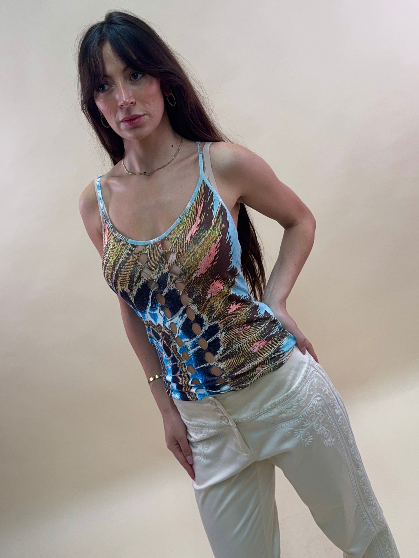 Roberto Cavalli S/S 2003 feather print tank top