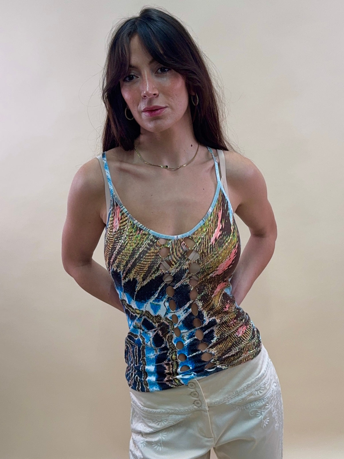 Roberto Cavalli S/S 2003 feather print tank top