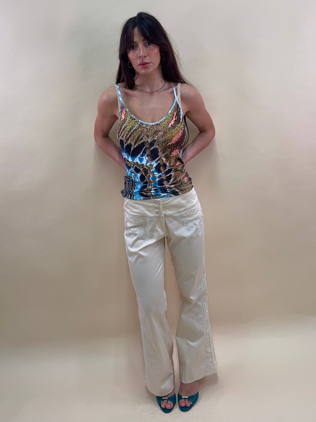 Roberto Cavalli S/S 2003 feather print tank top
