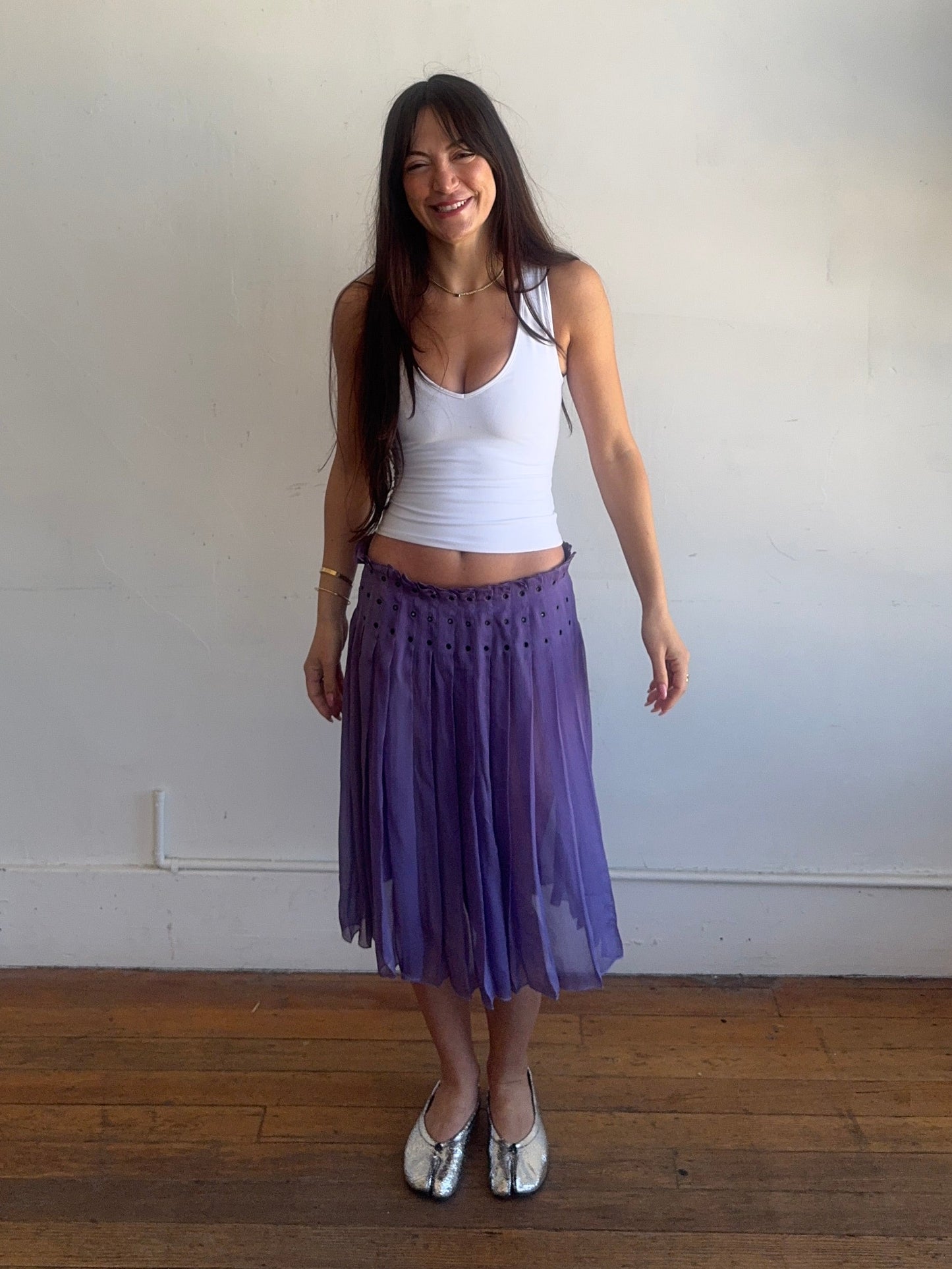 prada s/s 2000 runway purple silk grommet skirt