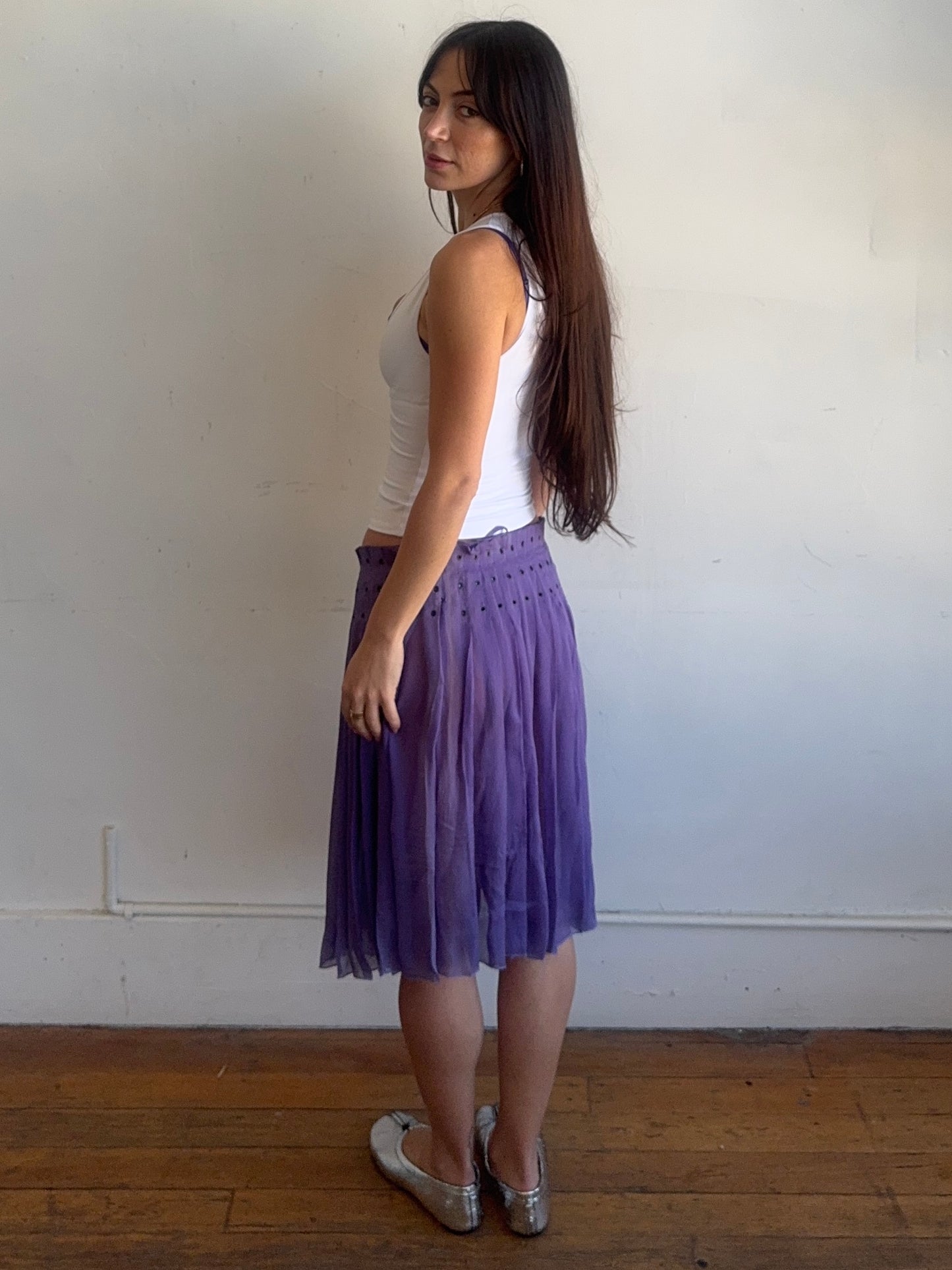prada s/s 2000 runway purple silk grommet skirt