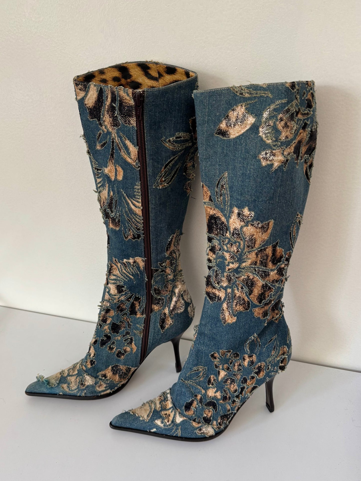 Roberto Cavalli S/S 2002 distressed denim leopard boots