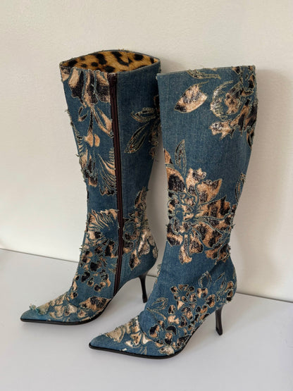 Roberto Cavalli S/S 2002 distressed denim leopard boots