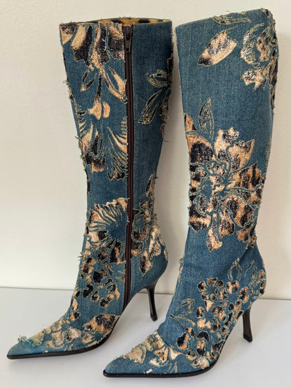Roberto Cavalli S/S 2002 distressed denim leopard boots