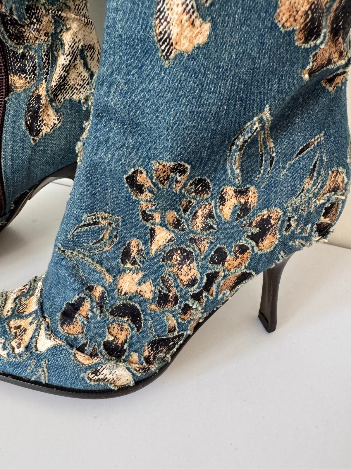 Roberto Cavalli S/S 2002 distressed denim leopard boots