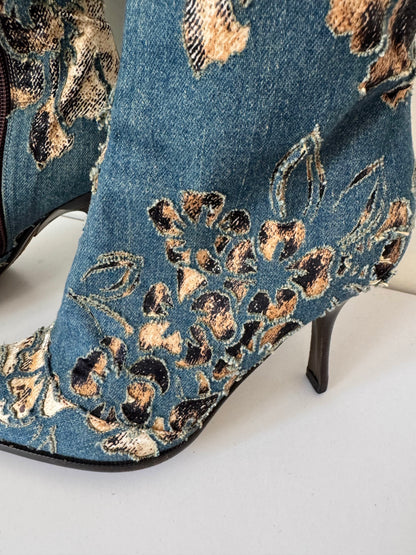 Roberto Cavalli S/S 2002 distressed denim leopard boots