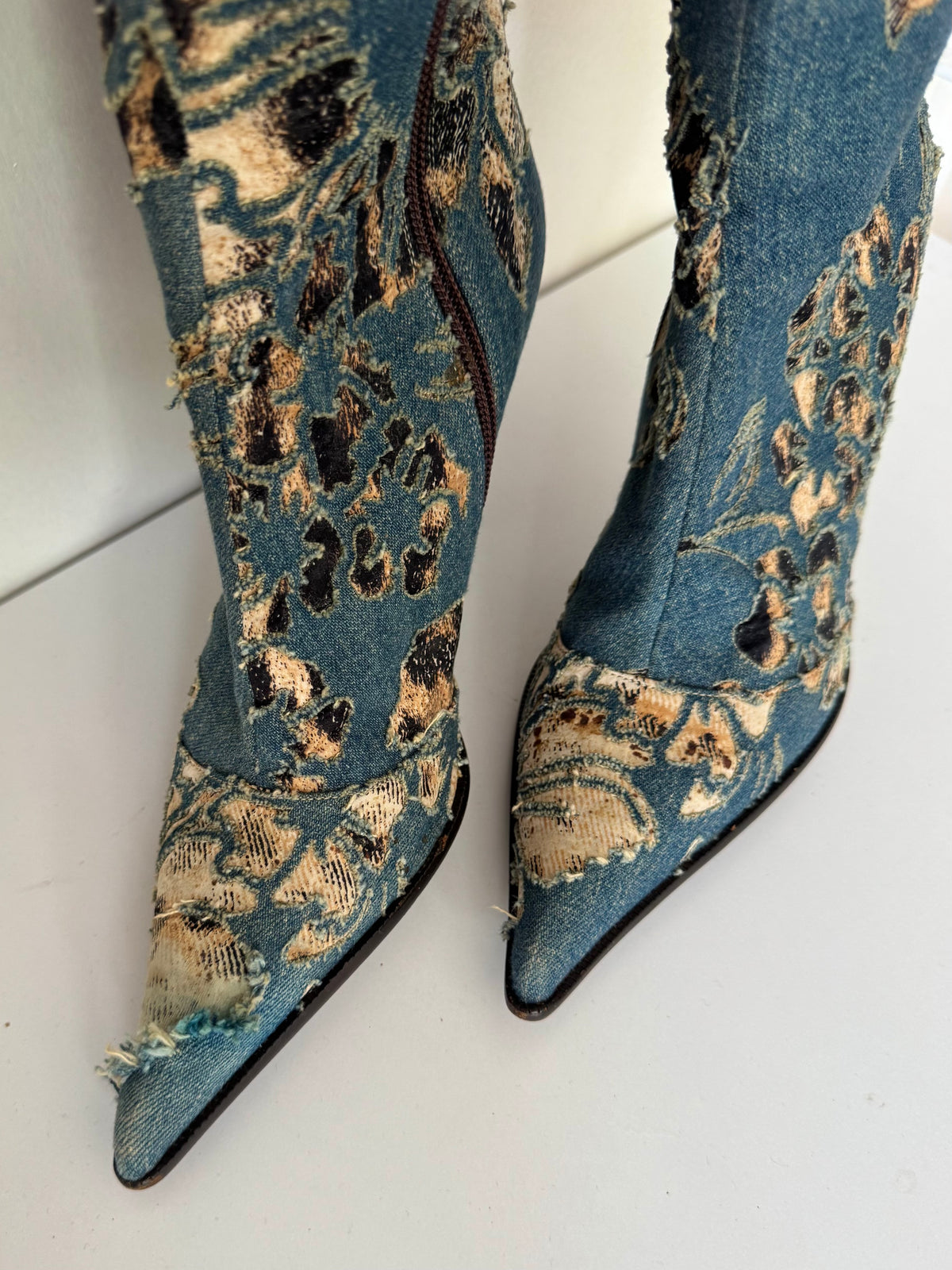 Roberto Cavalli S/S 2002 distressed denim leopard boots