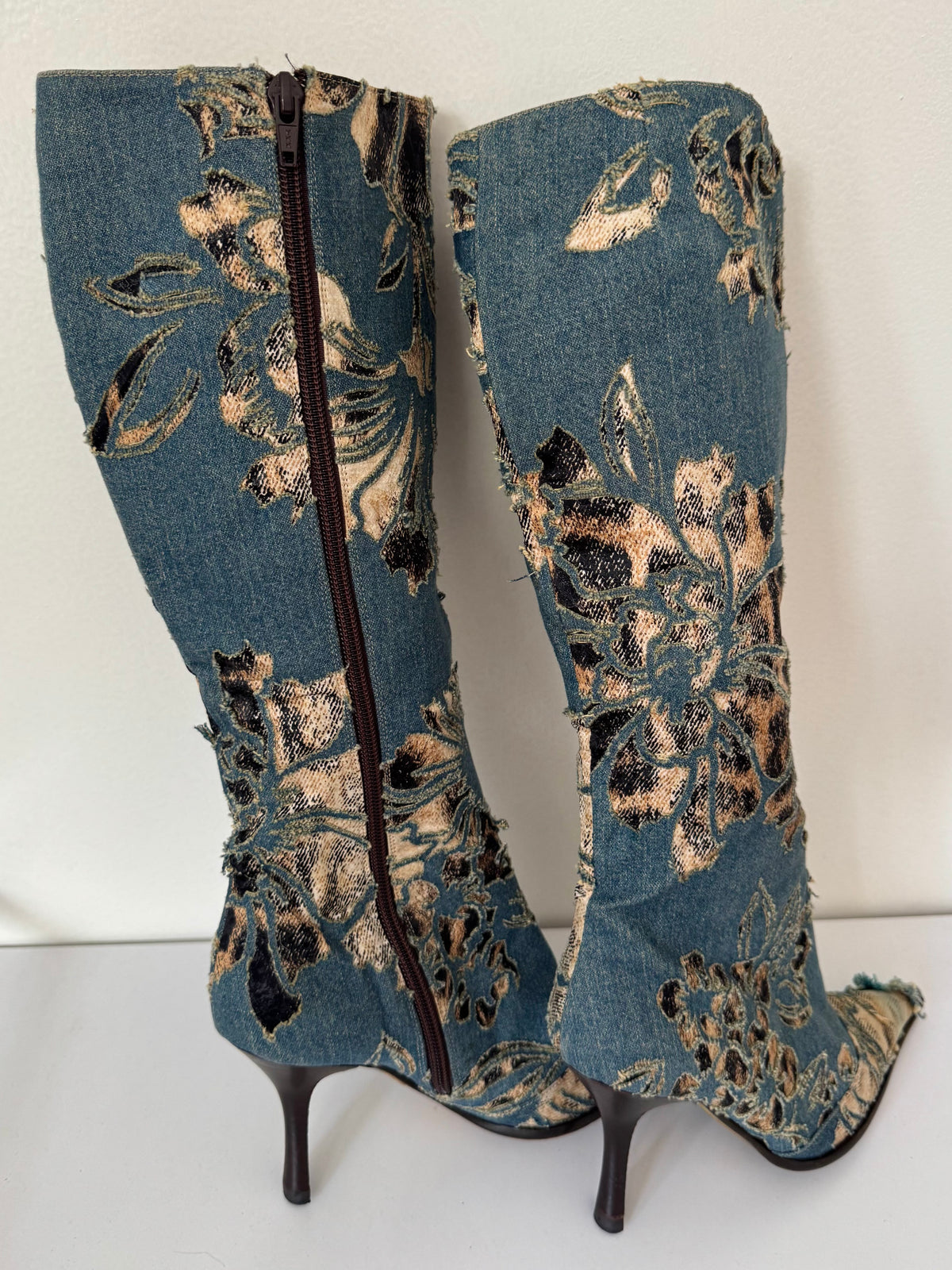 Roberto Cavalli S/S 2002 distressed denim leopard boots