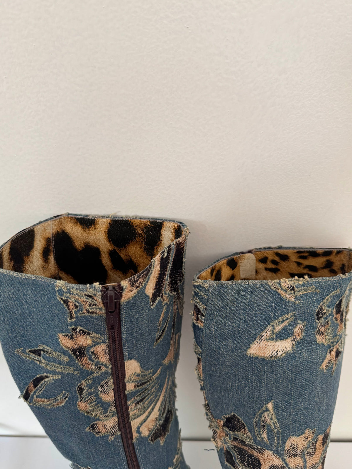 Roberto Cavalli S/S 2002 distressed denim leopard boots