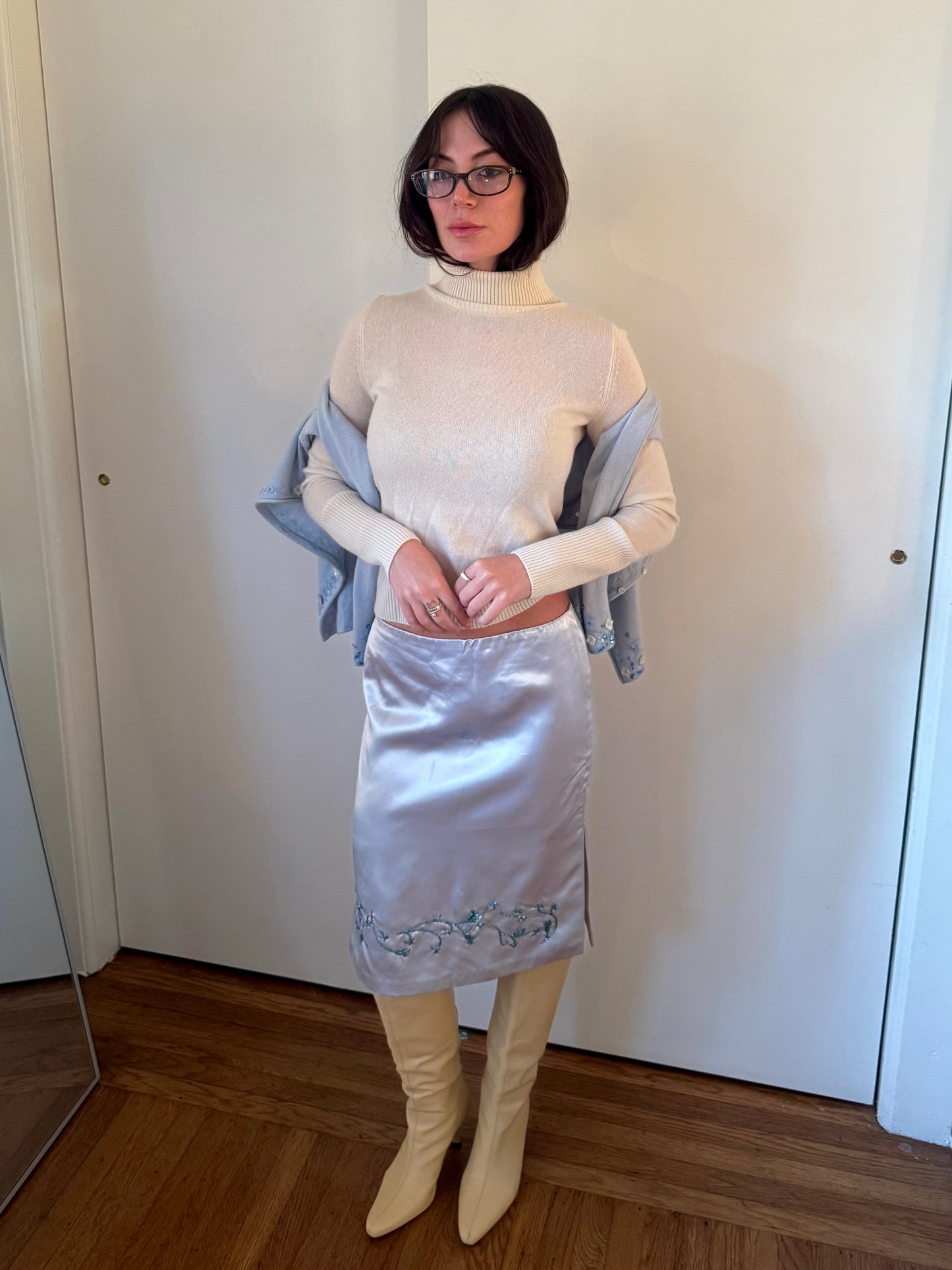 ralph lauren 1990s blue satin skirt
