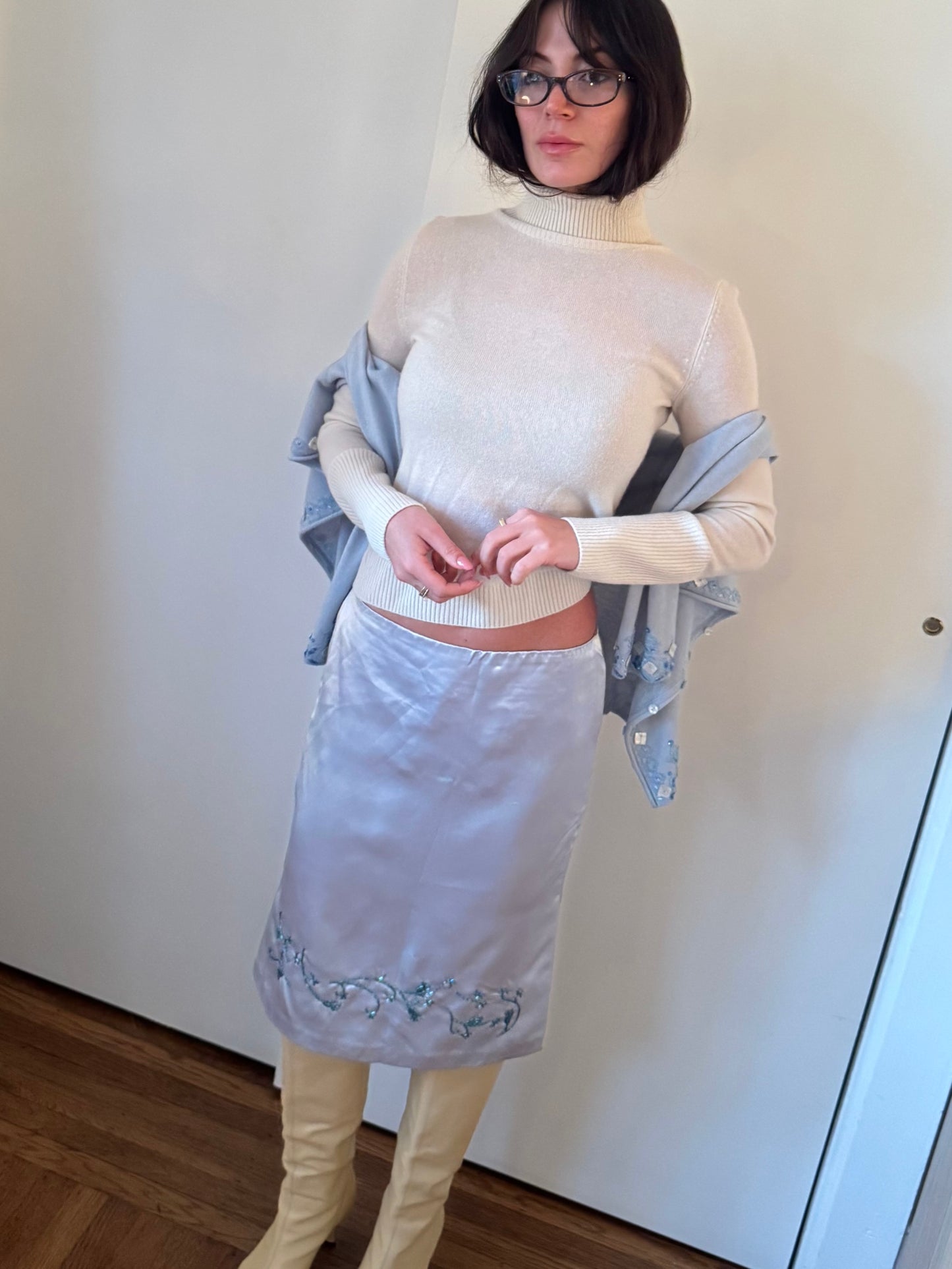 ralph lauren 1990s blue satin skirt